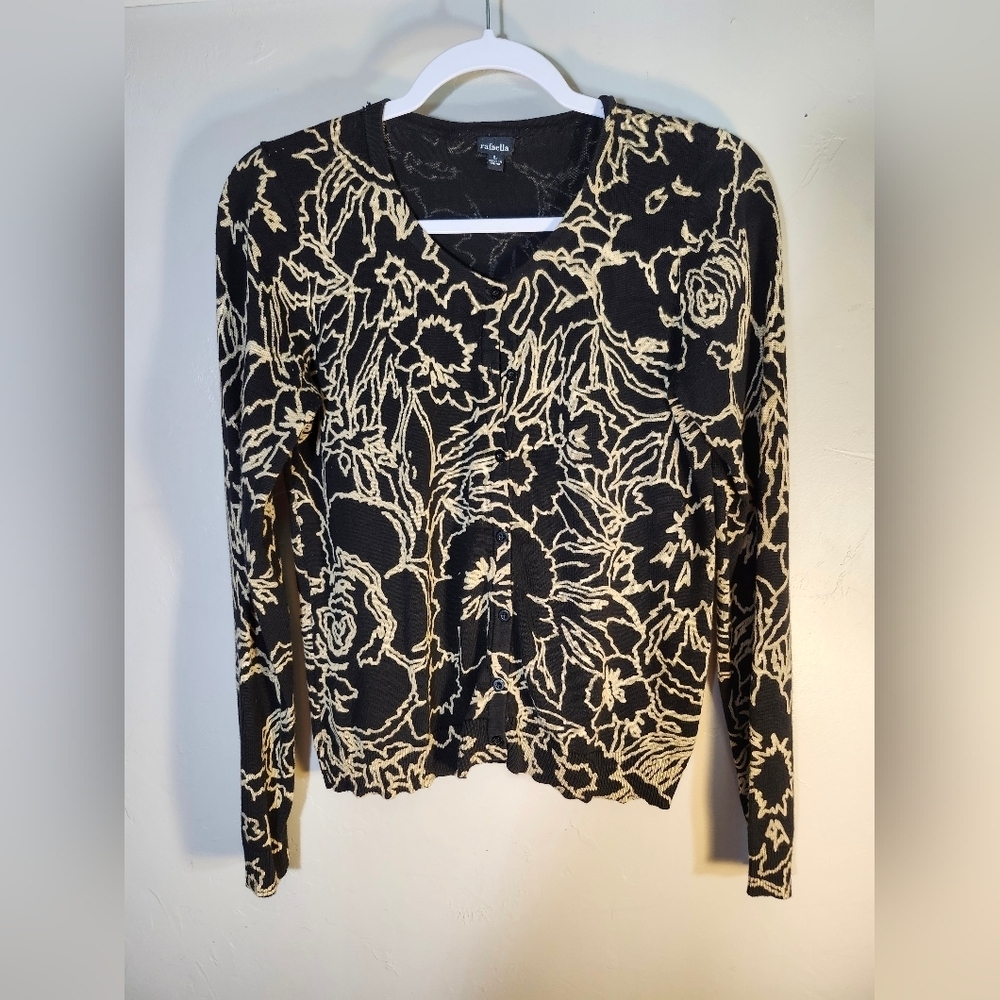 Rafaella black‎ and tan floral button down cardigan sweater 100% Cotton Sz L